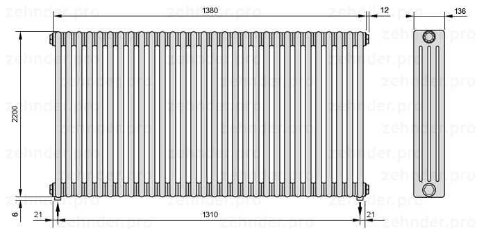 Схема (чертеж) Радиатор Zehnder Charleston 4220/30 №5310 Белый глянцевый RAL 9016